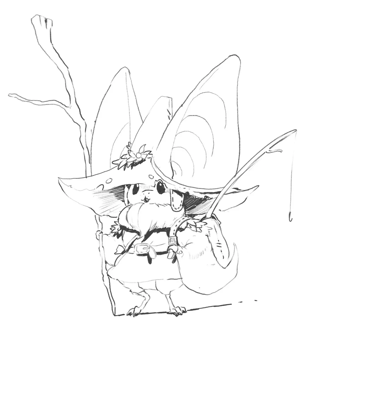 A black-and-white line drawing shows a small, chibi-style creature with large pointed ears, wearing a wide-brimmed hat…