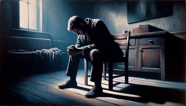 A man in a dark, sparsely furnished room sits on a wooden chair, head bowed and hands clasped, illuminated by a single beam…