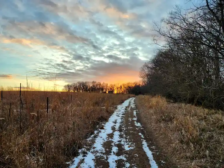 A dirt path with patches of snow winds through a field of dry grass under a cloudy sky at sunset, with bare trees on the…