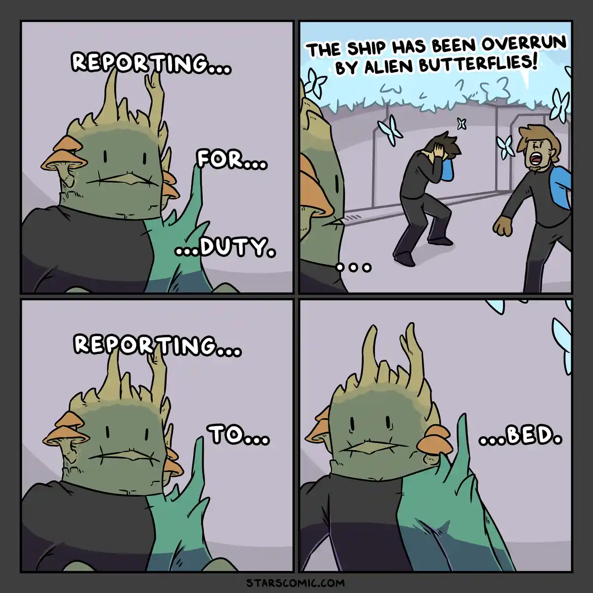 A four-panel comic shows a green-skinned alien with spiky hair and mushroom-like ears reporting for duty, then revealing the…