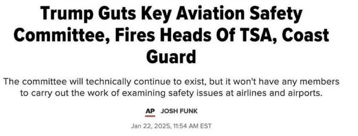 A screenshot of a news article headline from AP reporter Josh Funk dated Jan 22, 2025, stating 'Trump Guts Key Aviation…