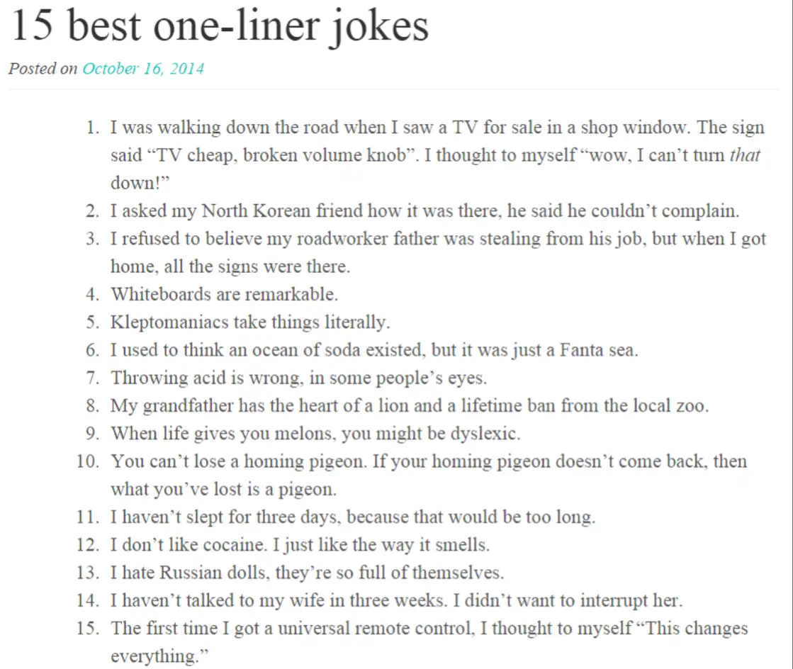 A screenshot of a webpage titled '15 best one-liner jokes' posted on October 16, 2014, lists 15 short, punny jokes. The…