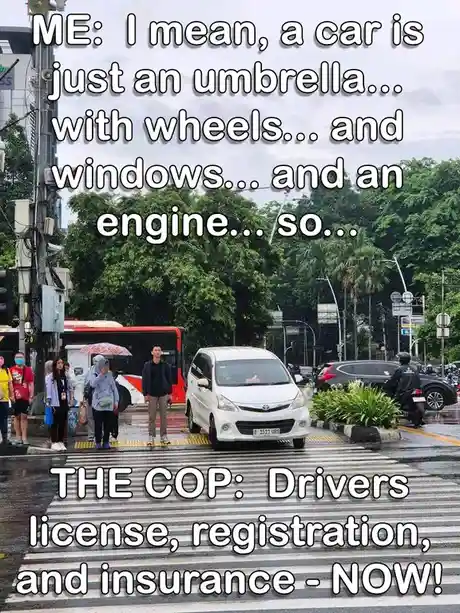 A rainy street scene with pedestrians, a white car, and a red bus. Overlaid text shows a person trying to justify a car as…
