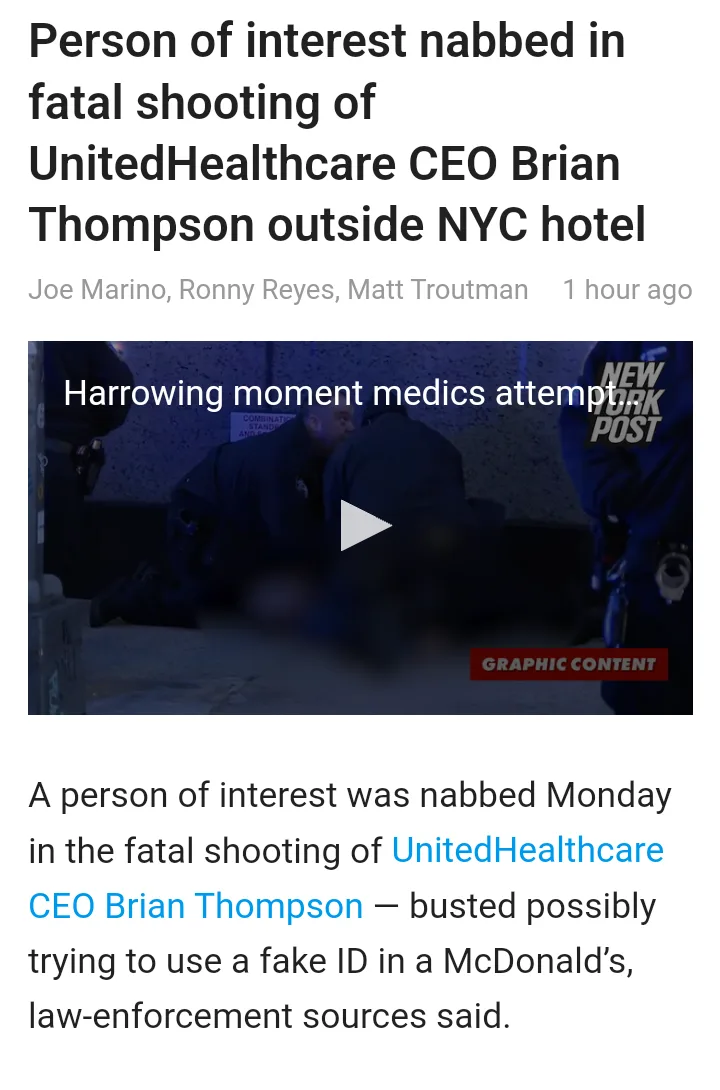 A screenshot of a New York Post news article with a video thumbnail showing blurred figures of medics attending to a person…