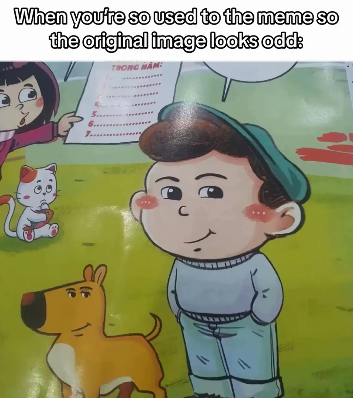 A cartoon image shows a boy in a green cap and light blue clothes standing with a dog and a cat nearby. A girl in a pink…