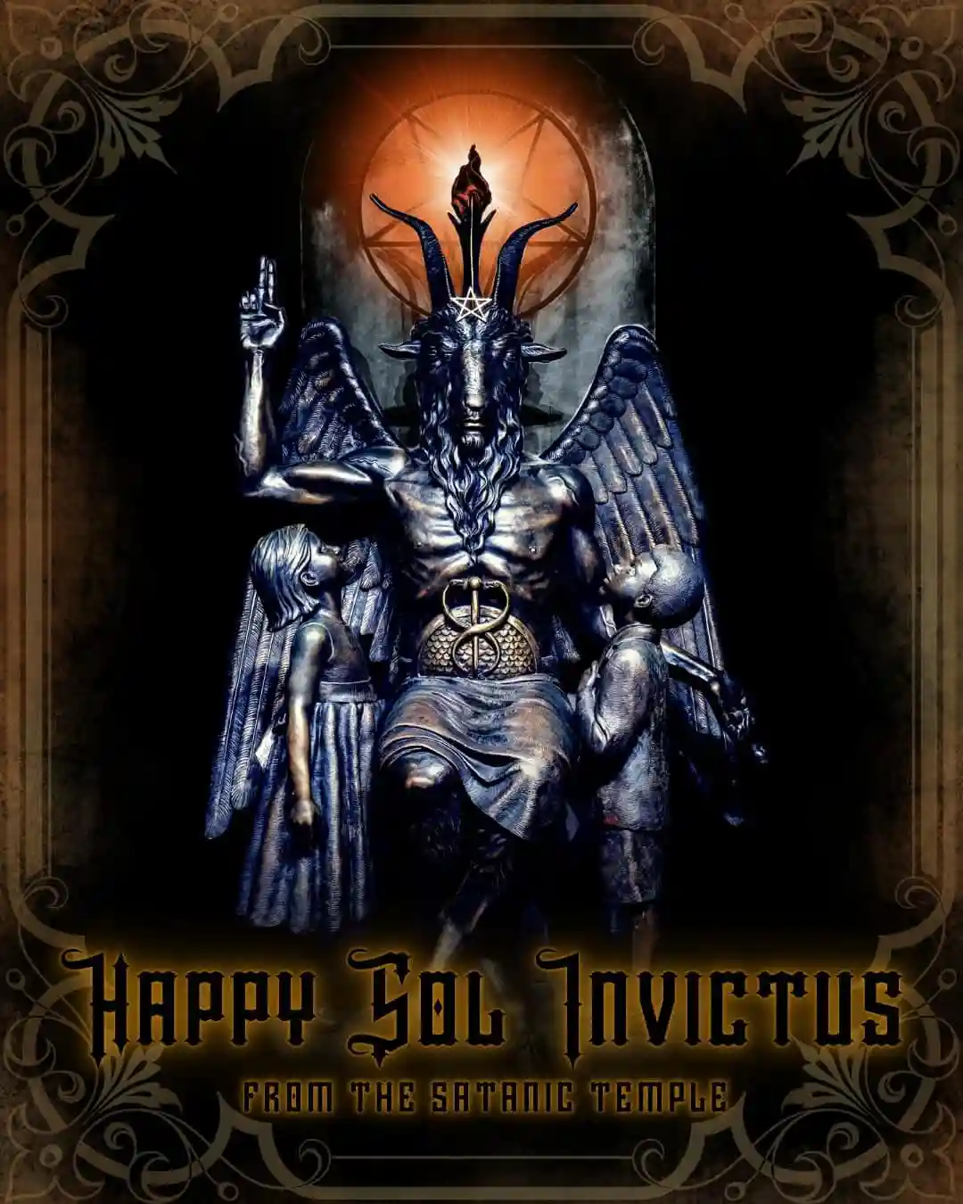 A dark, ornate statue depicts a horned, winged goat-headed figure with a pentagram on its forehead, seated and holding up a…