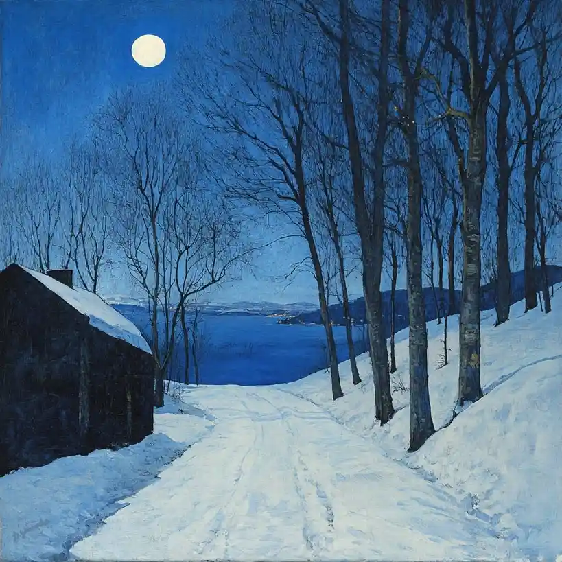 A serene winter night painting shows a snow-covered path leading toward a body of water under a full moon, flanked by bare…