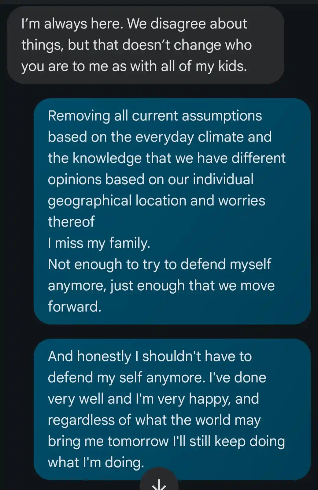 A screenshot of a text conversation showing a person's emotional response to a partner's message. The partner says they are…