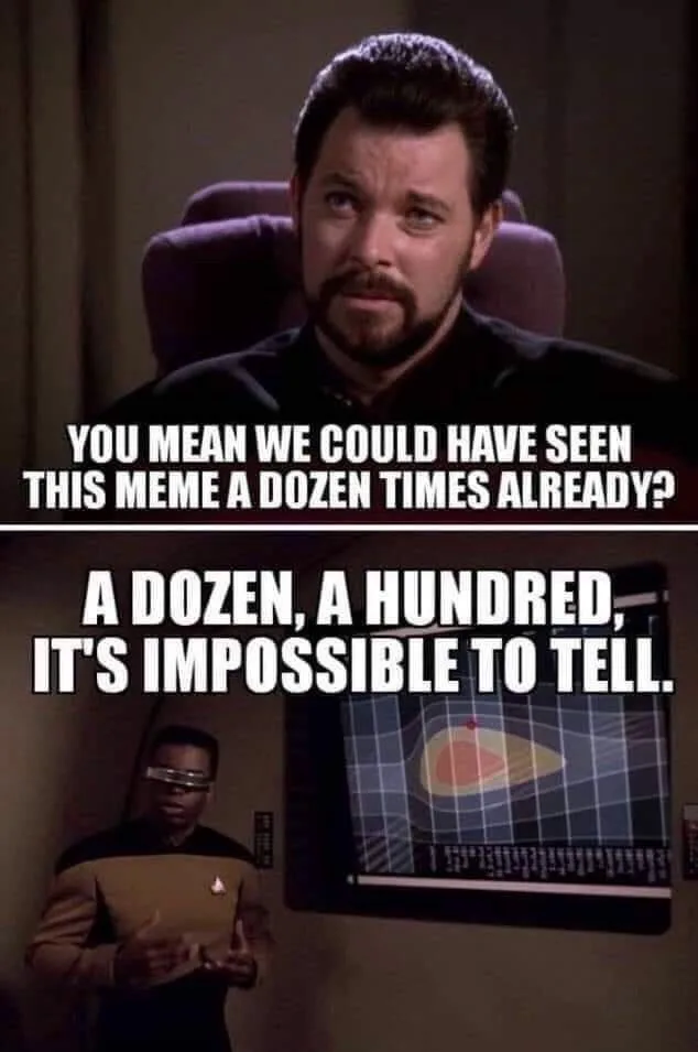The image is a two-panel meme from Star Trek: The Next Generation. The top panel shows Captain Jean-Luc Picard looking…