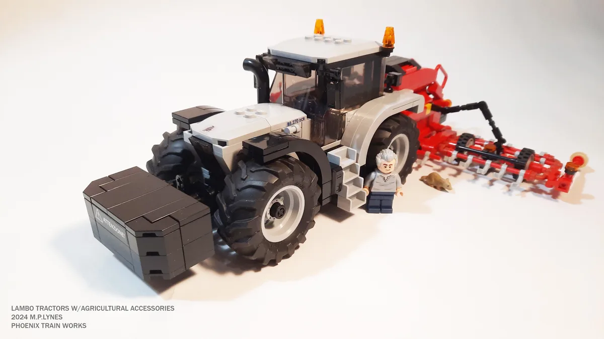 A Lego model of a white and black tractor with large tires, red plow attachments, and a small Lego minifigure standing…