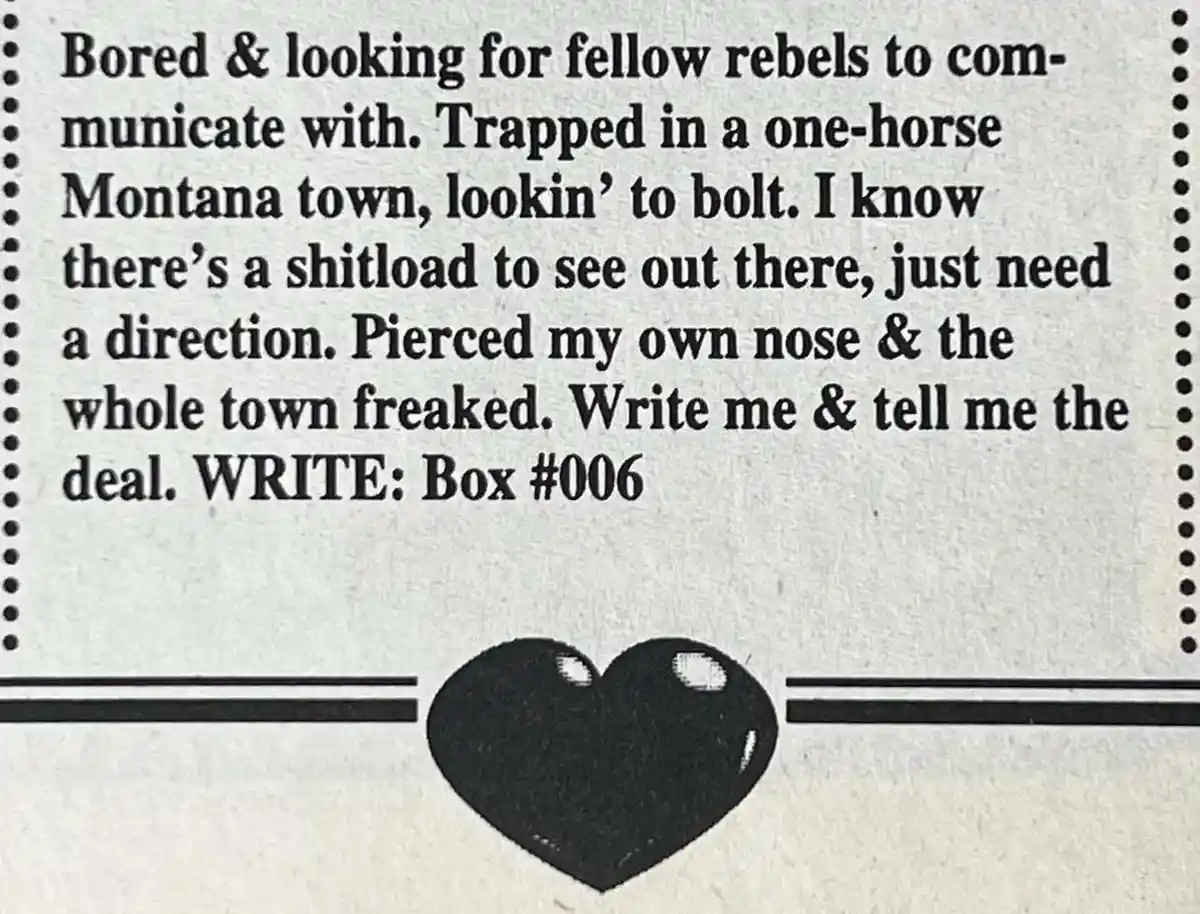 The image displays a black-and-white text advertisement styled like a vintage mail-order flyer, featuring a block of text…