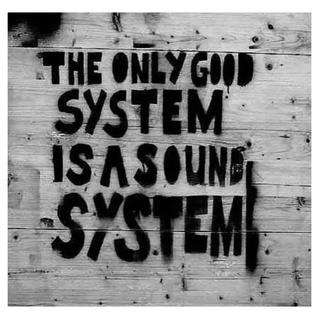 A black-and-white image shows bold, spray-painted text on weathered wooden planks. The text reads 'THE ONLY GOOD SYSTEM IS A…