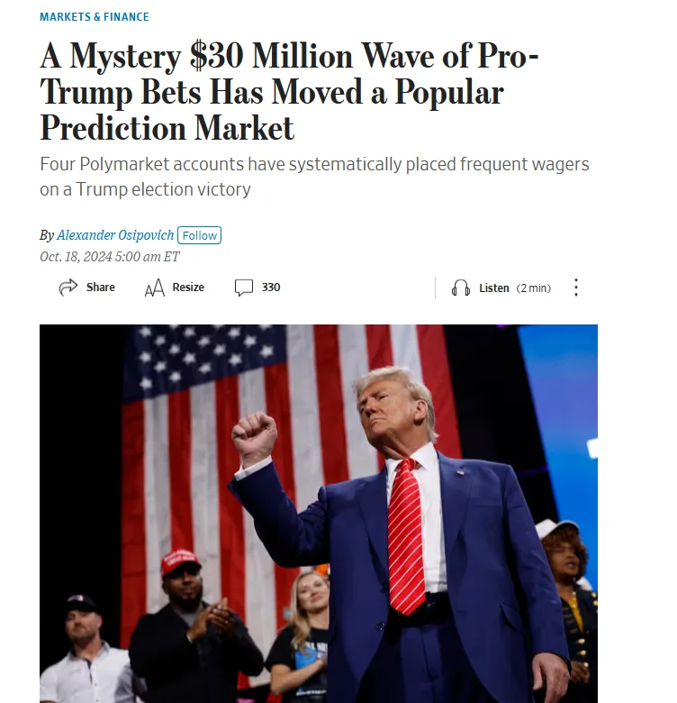 A screenshot of a news article headline about a $30 million wave of pro-Trump bets on prediction markets, overlaid on a…