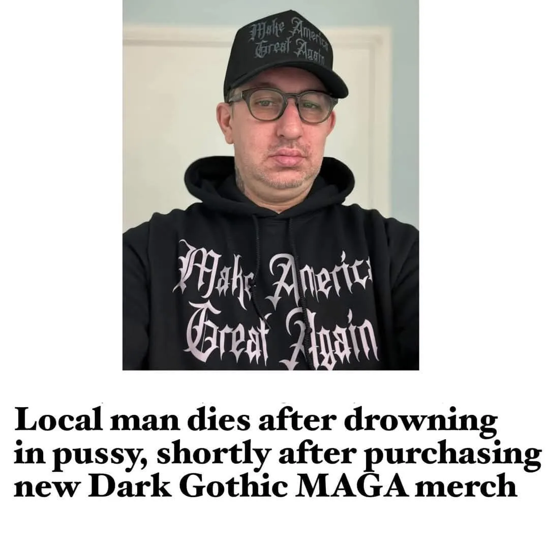 A man wearing a black 'Make America Great Again' cap and matching hoodie stares blankly at the camera. Below the image, bold…