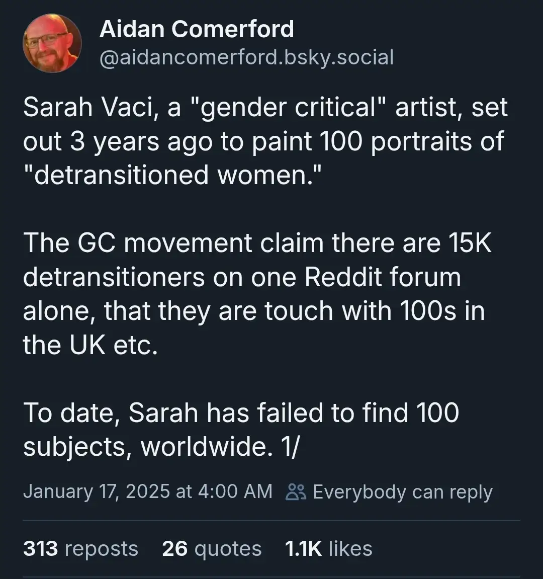 A screenshot of a social media post by Aidan Comerford detailing how artist Sarah Vaci attempted to paint 100 portraits of…