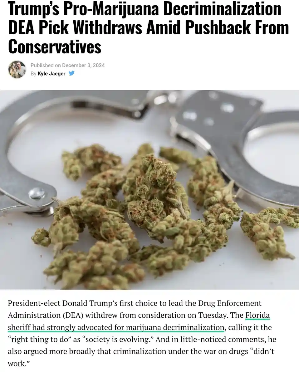 A news article screenshot shows a headline about a Florida sheriff's withdrawal from consideration as a DEA pick due to…