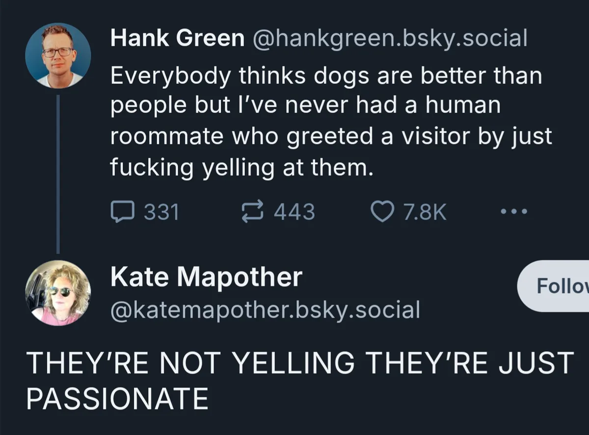 A screenshot of a Bluesky social media thread shows Hank Green's post complaining that human roommates are worse than dogs…