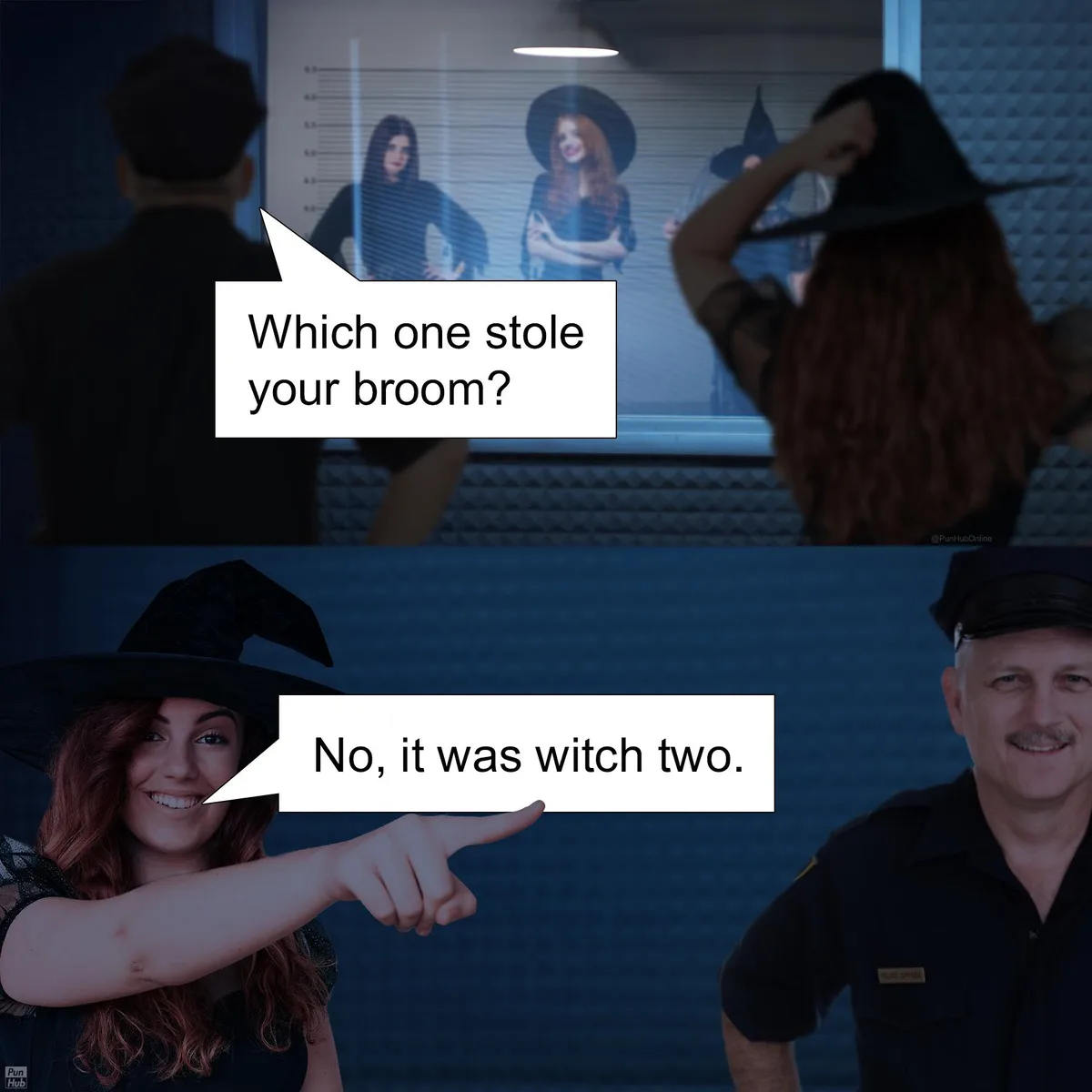 A police officer asks three witches in a lineup which one stole his broom. One witch points to another and says, 'No, it was…