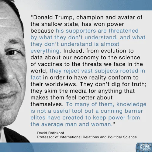 A black-and-white image of Donald Trump's face on the left side, with a large block of text overlaid on the right. The text…