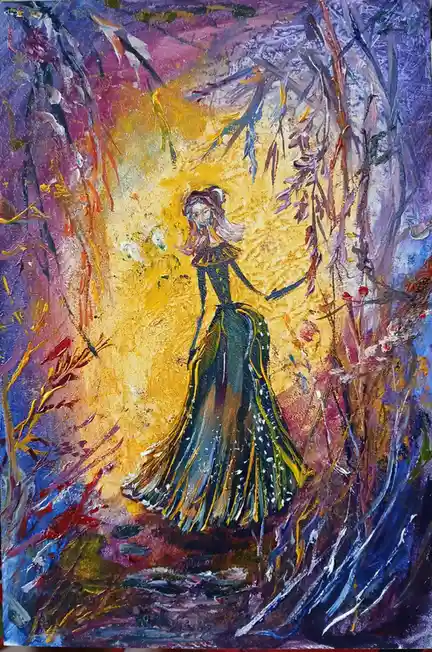 A colorful, textured painting depicts a woman in a long, dark dress standing in a forest with vibrant, swirling brushstrokes…