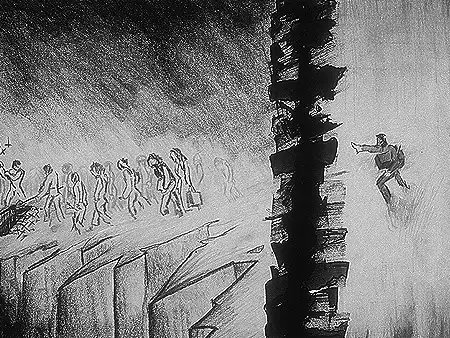a black-and-white sketch depicts a group of people walking in a line along a cliffside path, while one man is shown climbing…