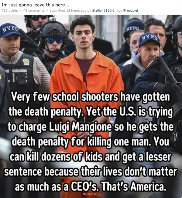 A man in an orange prison jumpsuit stands surrounded by NYPD officers in tactical gear. Overlaid text critiques the U.S…