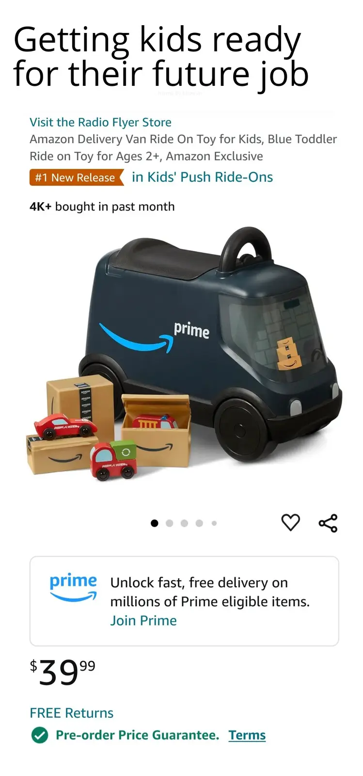 An Amazon product page screenshot for a Radio Flyer toy delivery van, featuring the Amazon Prime logo and smiling cardboard…