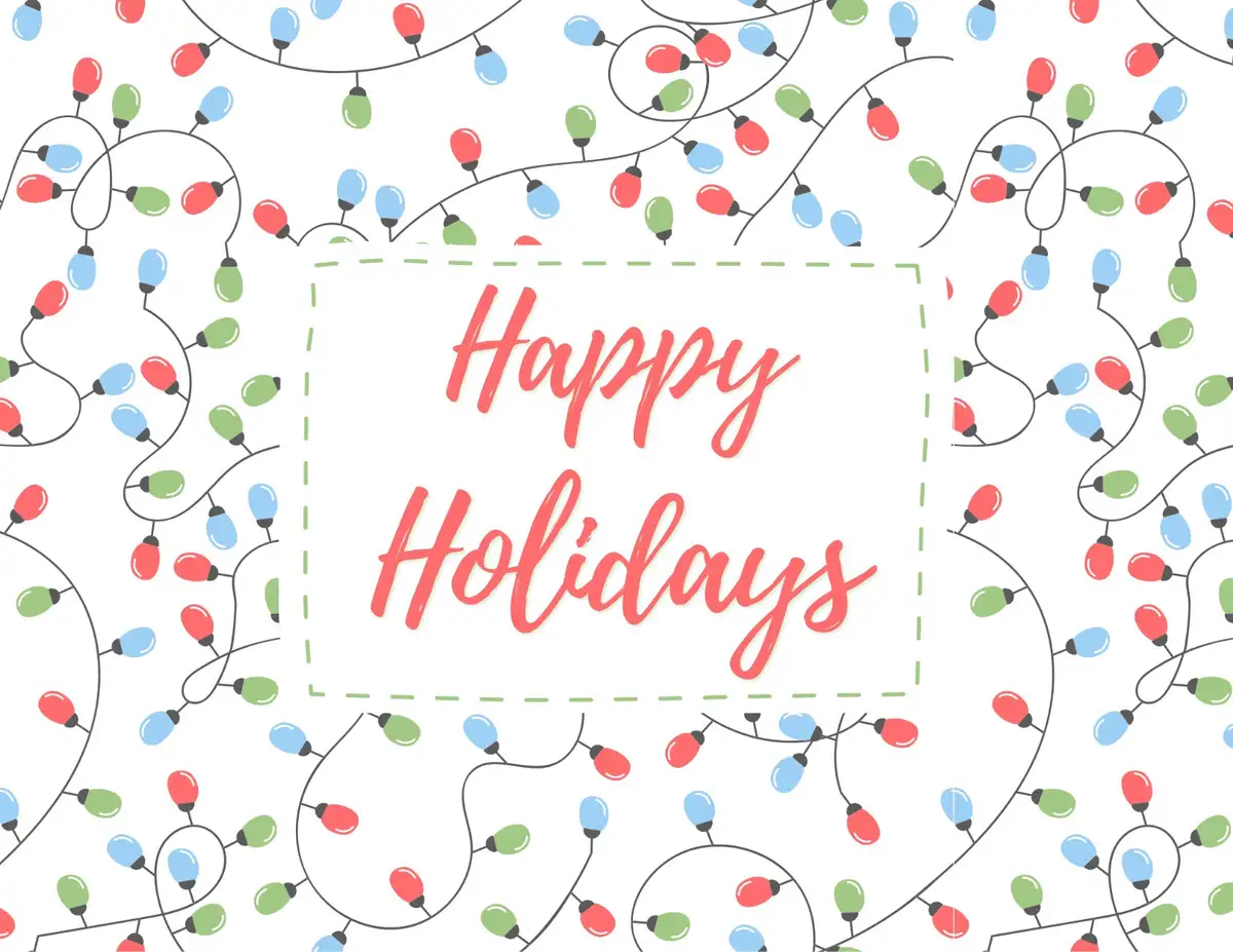 The image displays a festive background of tangled, colorful string lights in red, green, and blue against a white backdrop…