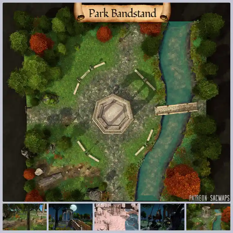 An overhead fantasy map titled 'Park Bandstand' shows a central octagonal stone bandstand in a grassy area with trees, a…