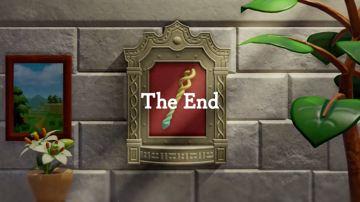 A video game-style 'The End' screen featuring a decorative stone plaque with a red background and a golden caduceus symbol…