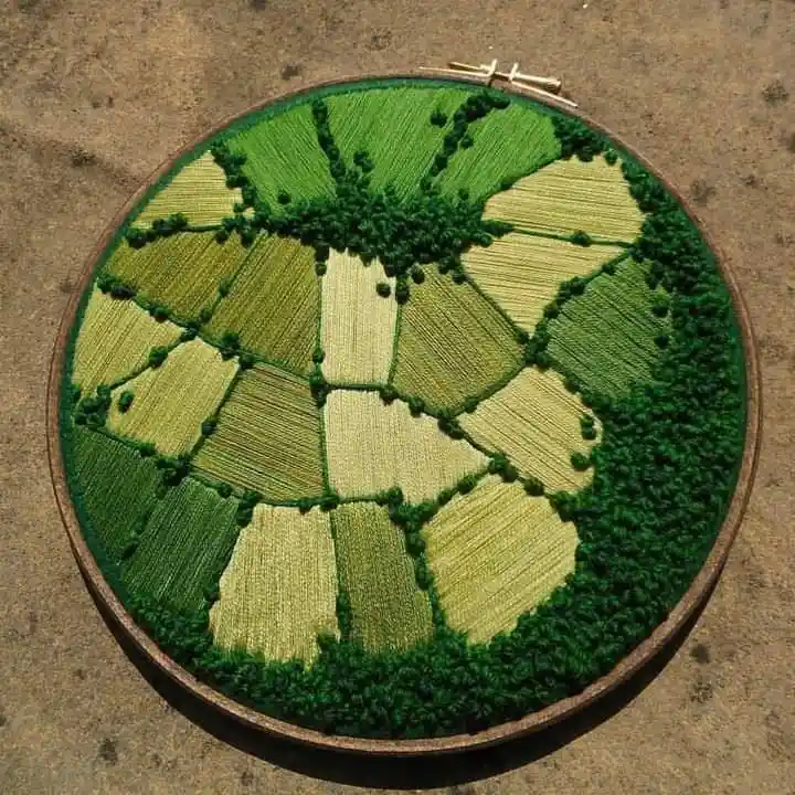 a circular embroidery hoop displays a butterfly stitched with various shades of green thread, mimicking a patchwork of…