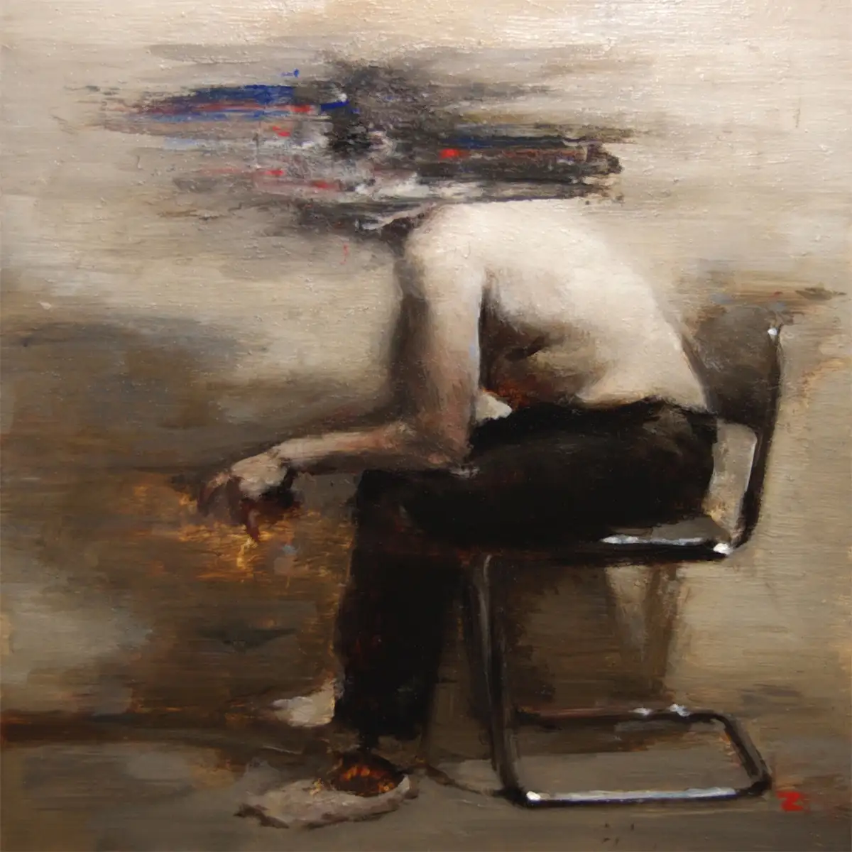 An oil painting depicts a shirtless person sitting on a chair with their back to the viewer, head obscured by abstract…
