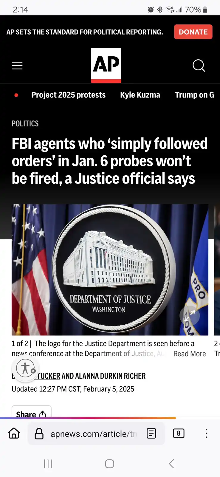 A screenshot of an AP News article about FBI agents not being fired for following orders during Jan. 6 probes, featuring the…