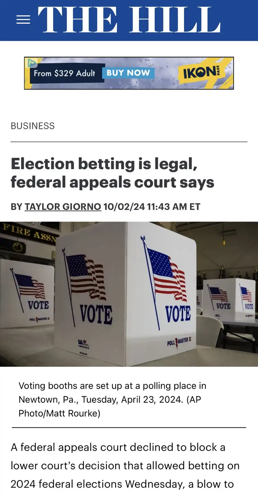 A screenshot of a The Hill news article with the headline 'Election betting is legal, federal appeals court says' overlaid…