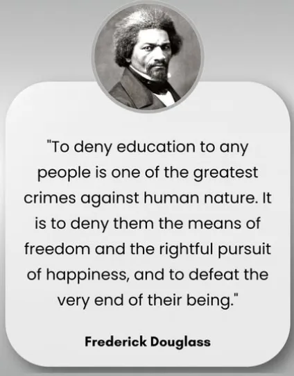 A grayscale portrait of Frederick Douglass is shown in a circular frame at the top of a white rectangular card. Below the…