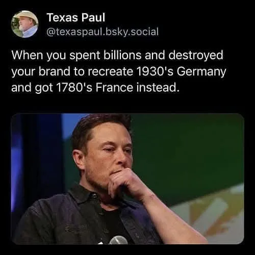A photo of Elon Musk looking thoughtful with his hand on his chin, overlaid with text criticizing a failed attempt to…