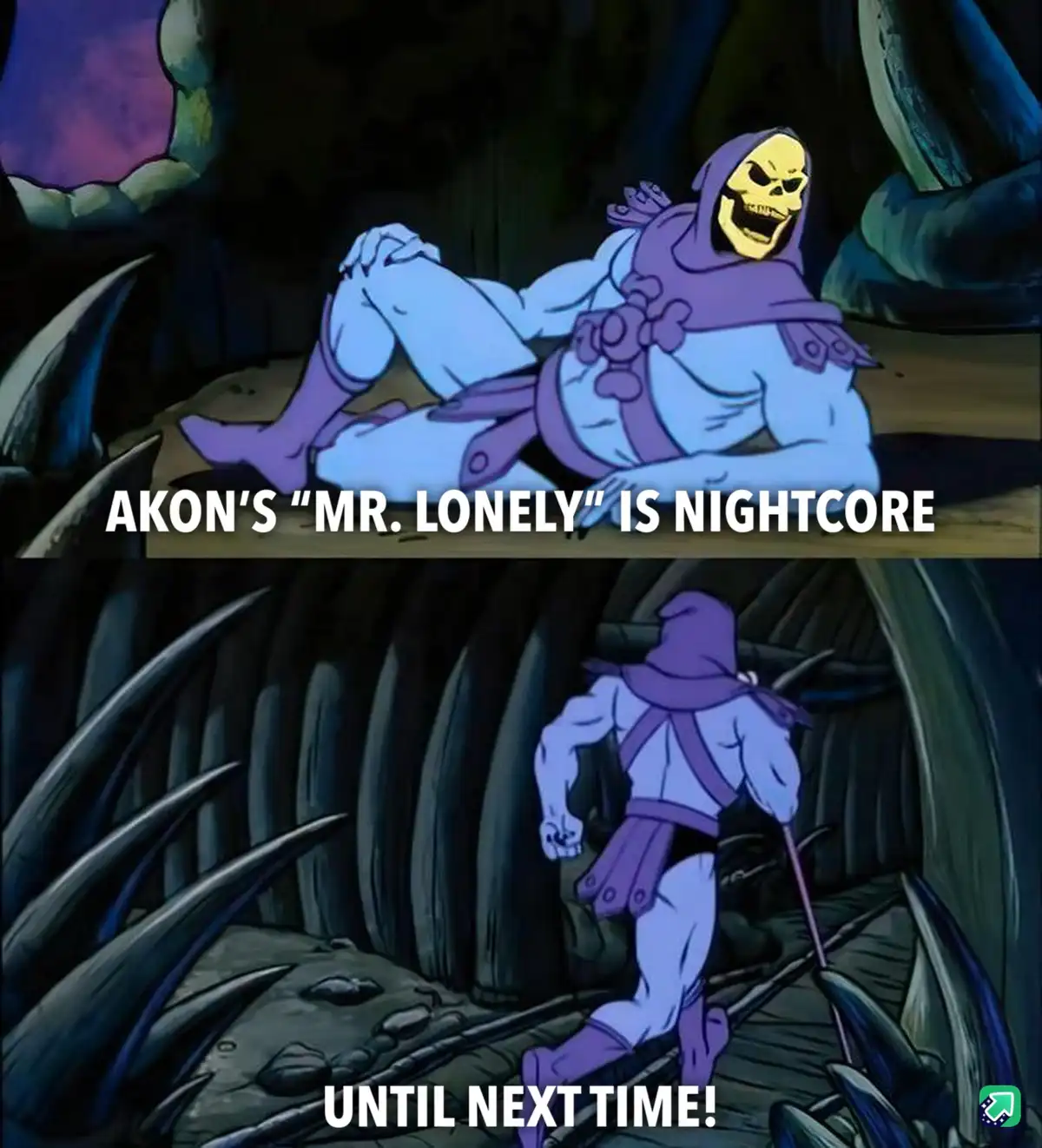 The image shows two panels of the animated character Skeletor from 'He-Man and the Masters of the Universe'. In the top…