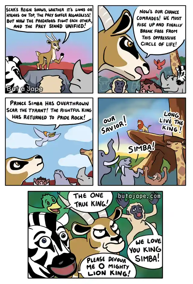 A comic strip parodying 'The Lion King' where prey animals unite against predators, then cheerfully beg the returning Simba…