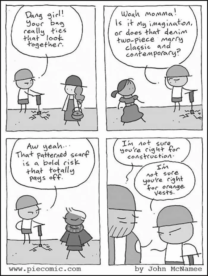 A four-panel comic strip shows a construction worker complimenting a woman's outfit, praising her bag, denim two-piece, and…