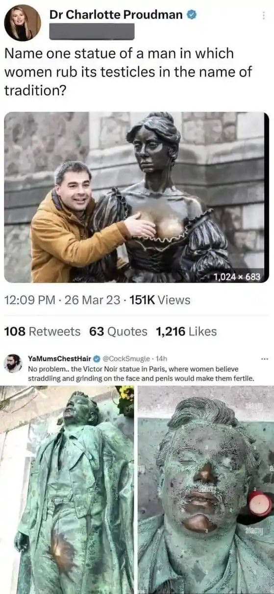 A screenshot of a tweet by Dr Charlotte Proudman asking for a statue where women rub testicles for tradition. The image…