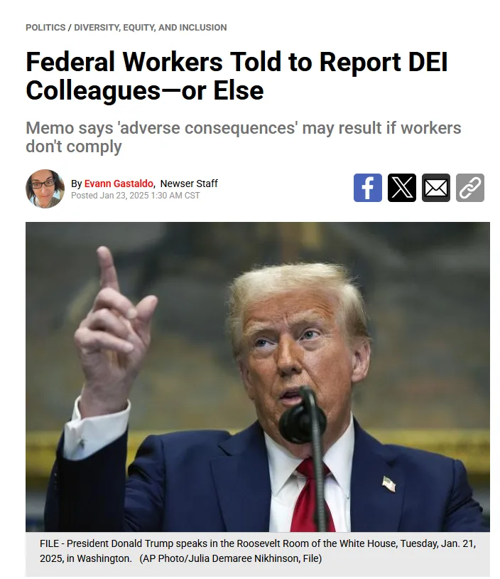A screenshot of a news article with the headline 'Federal Workers Told to Report DEI Colleagues—or Else' overlaid on a photo…