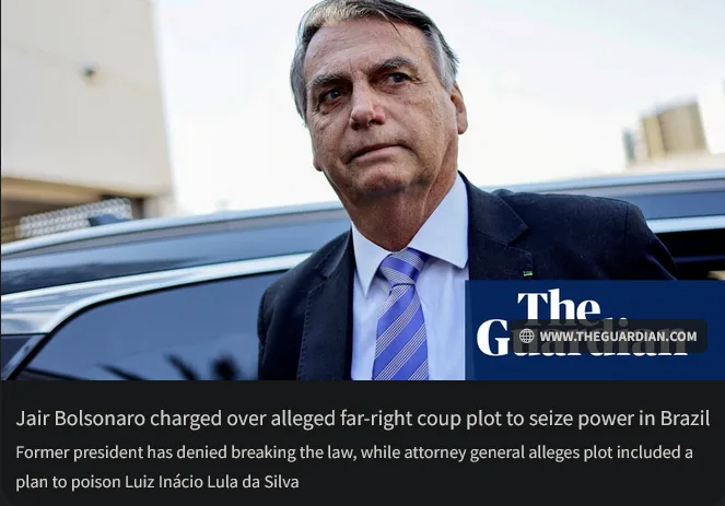 A photo of Jair Bolsonaro in a suit and tie standing beside a car, with a Guardian news banner overlay. The text overlay…