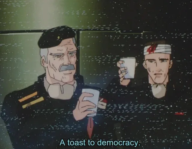Two animated male characters in military uniforms are shown holding white cups, seemingly toasting. The character on the…