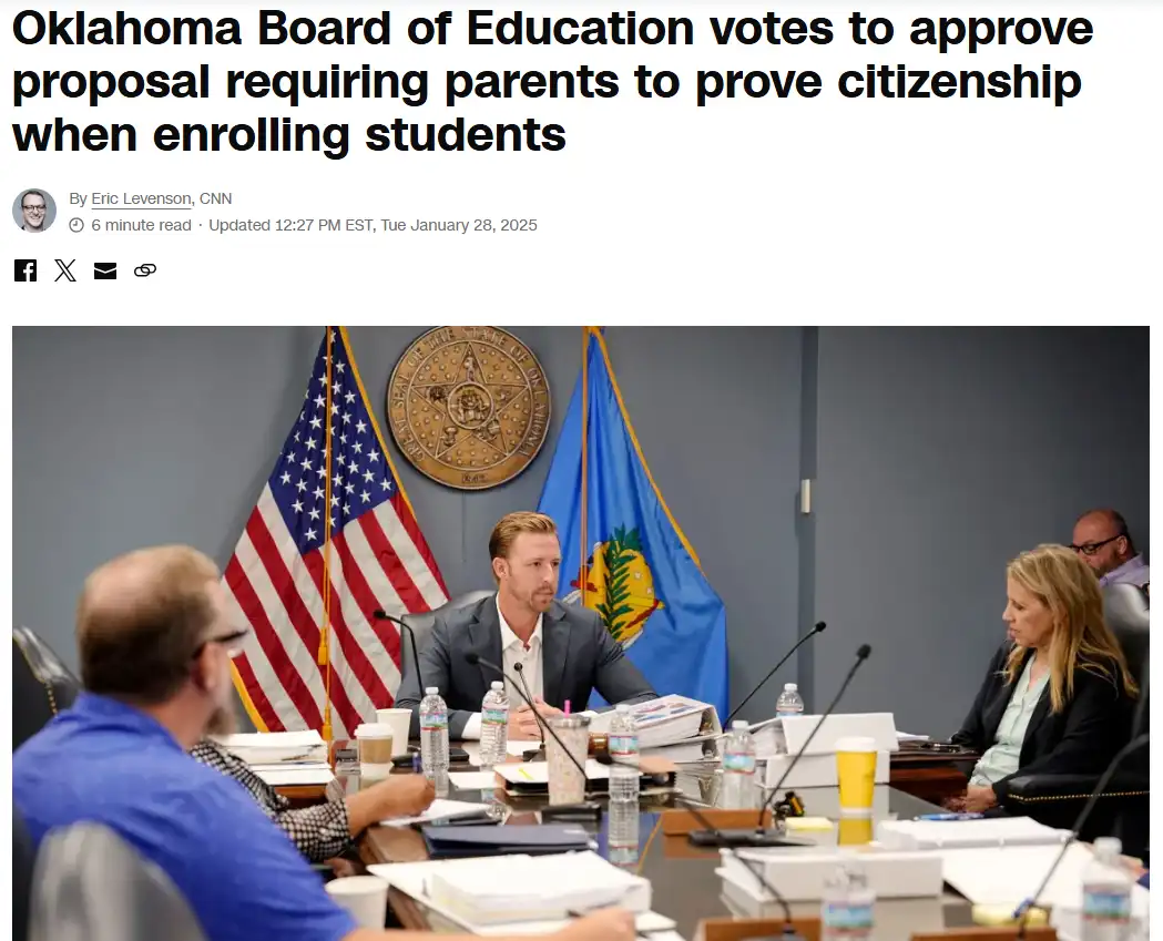 A screenshot of a CNN news article headline about the Oklahoma Board of Education voting to require parents to prove…