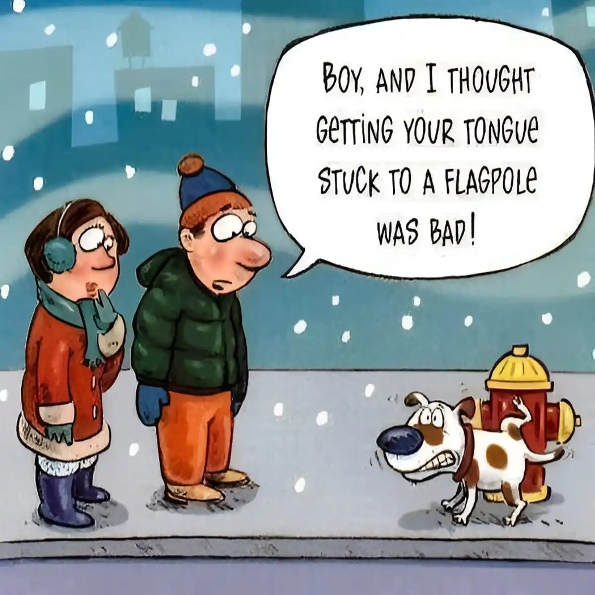 In a snowy urban scene, a man and woman in winter clothes stand near a fire hydrant, watching a distressed dog with its…