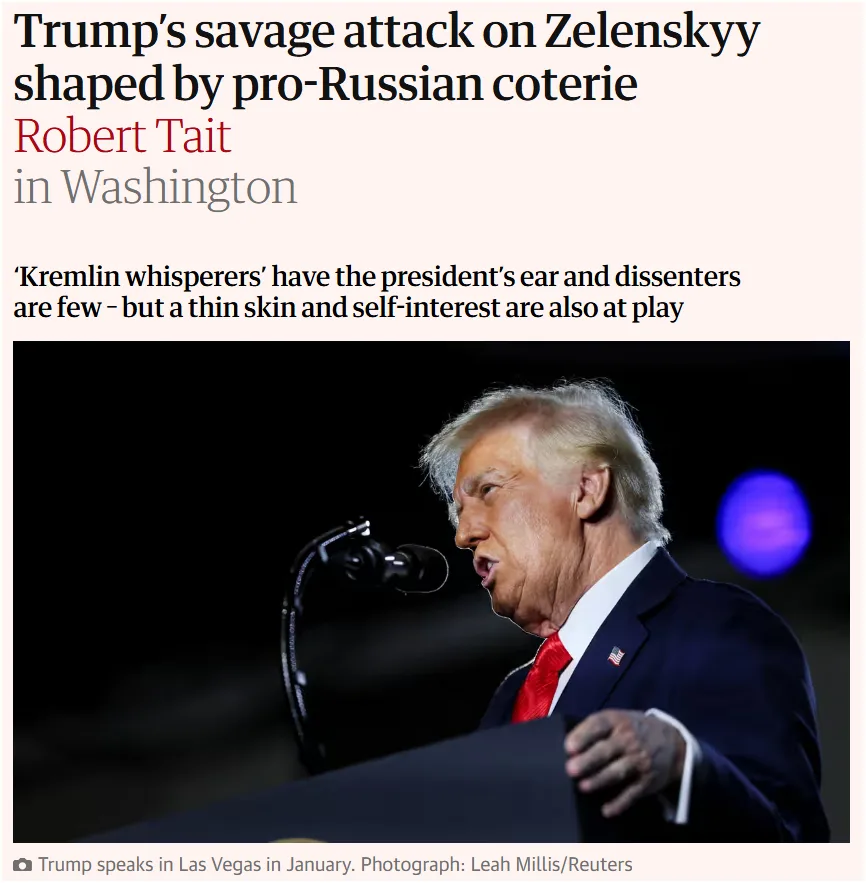 A screenshot of a news article headline about Trump's criticism of Zelenskyy, featuring a photo of Donald Trump speaking at…