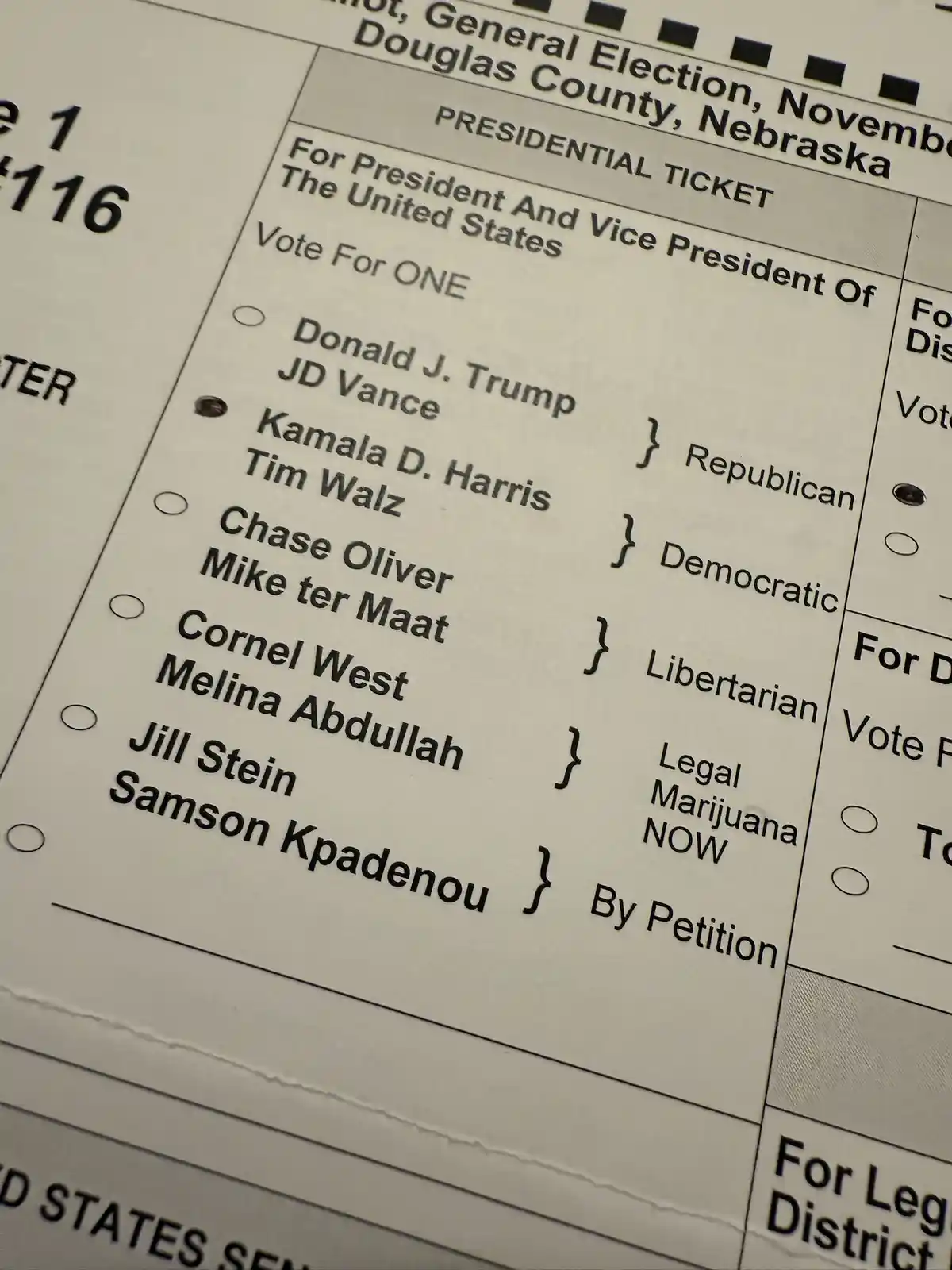 A close-up of a Nebraska presidential ballot showing candidates for president and vice president, with Donald J. Trump and…