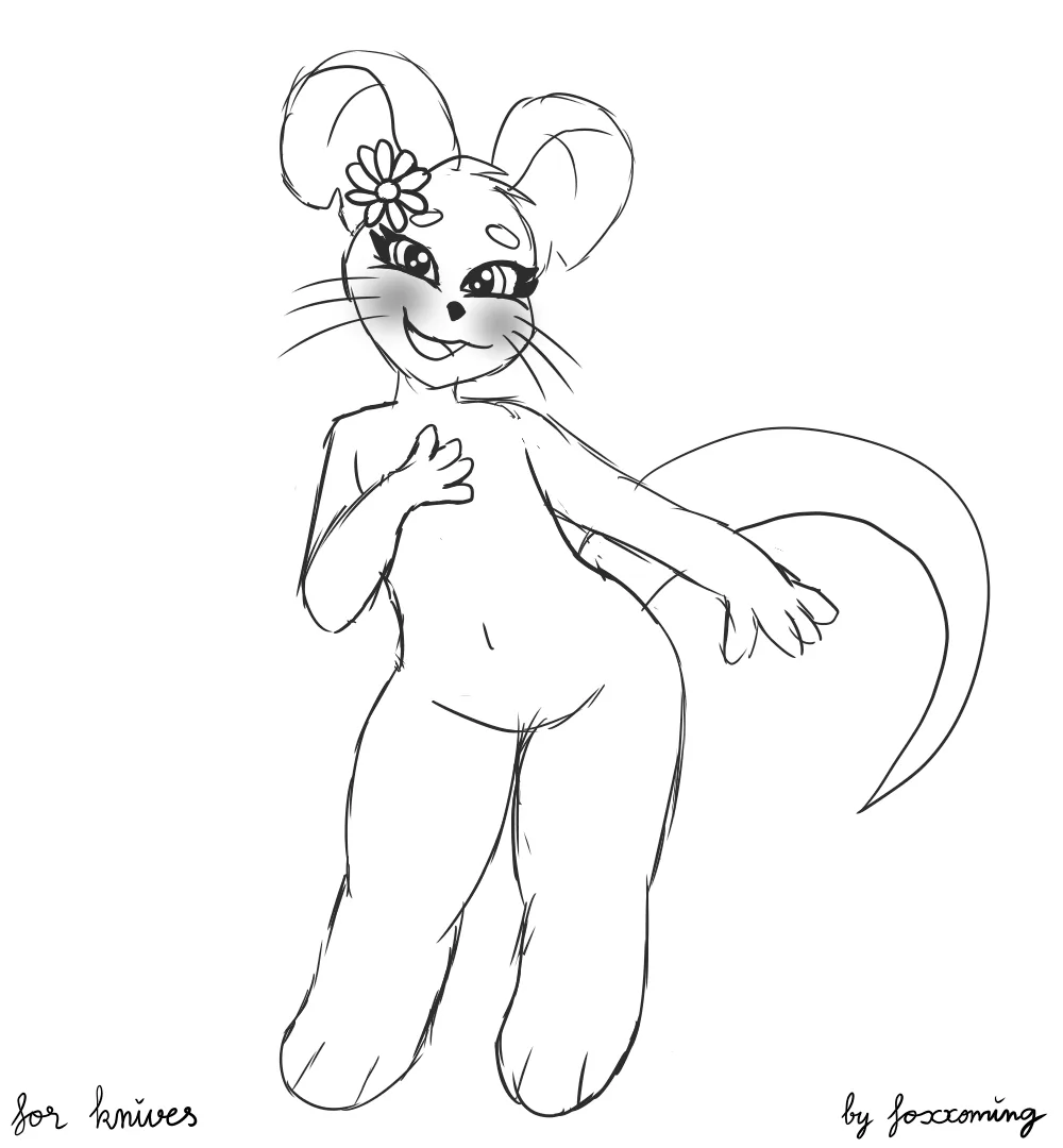 A black-and-white line drawing of a stylized anthropomorphic mouse with large ears, a flower on its head, and a cheerful…