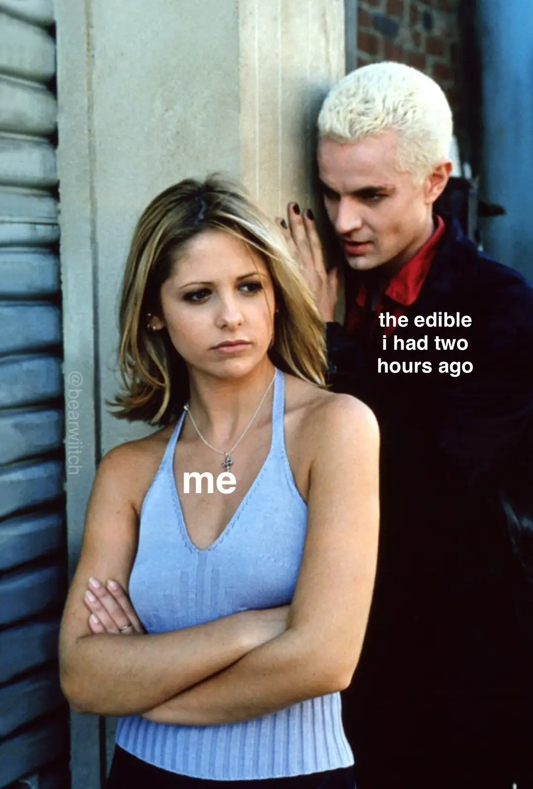 A woman with arms crossed and a stern expression is labeled 'me', while a man with bleached hair leans in conspiratorially…
