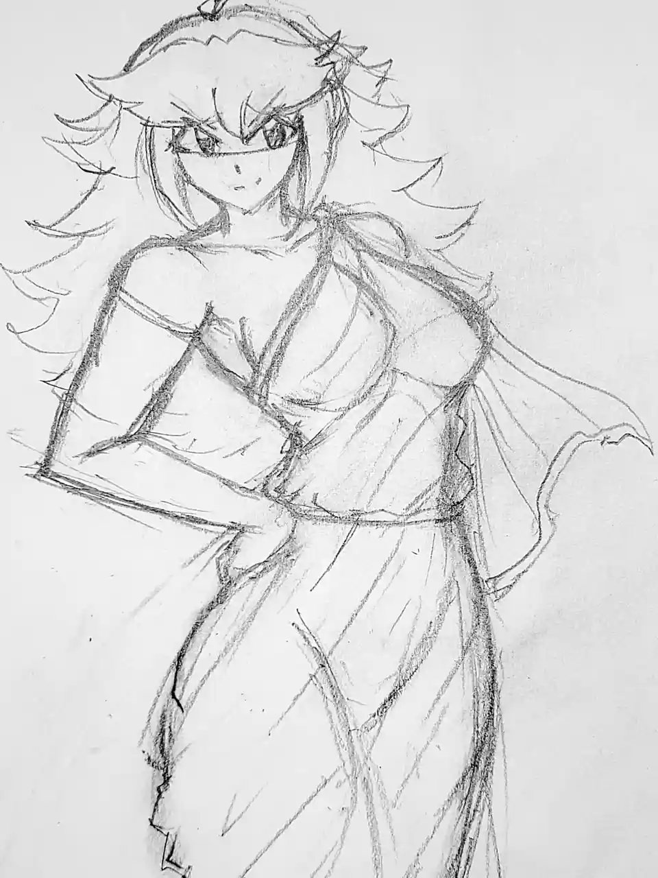 A rough pencil sketch of an anime-style female character with spiky hair and a flowing dress, looking at the viewer with a…
